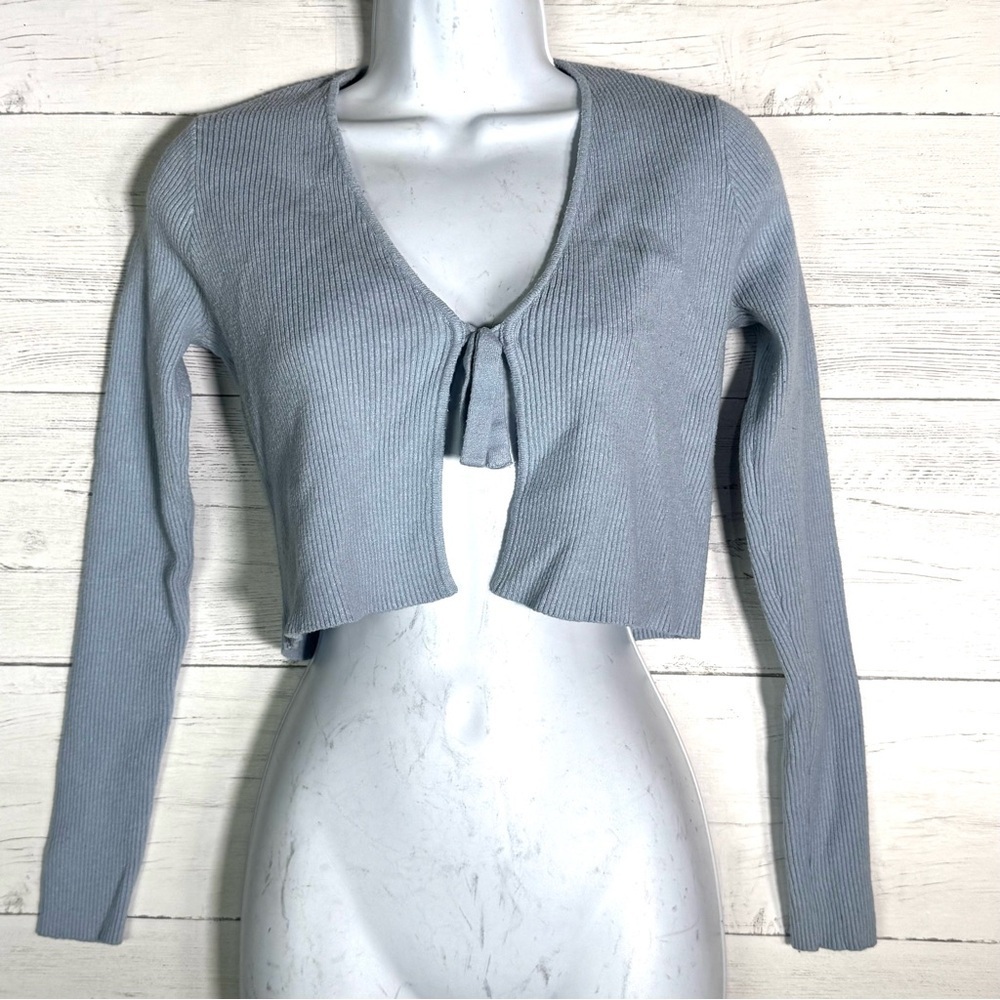 Vintage Full Tilt Cropped Cardigan Tie Open Front Ribbed Y2K Light Blue